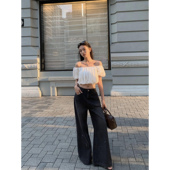 长裤 pusumede 女复古碳灰色宽松直筒休闲裤 阔腿牛仔裤 喷墨点缀