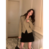 pusumede 气质拉链针织上衣 外套女短款 巴黎橱窗 翻领麻花毛衣开衫