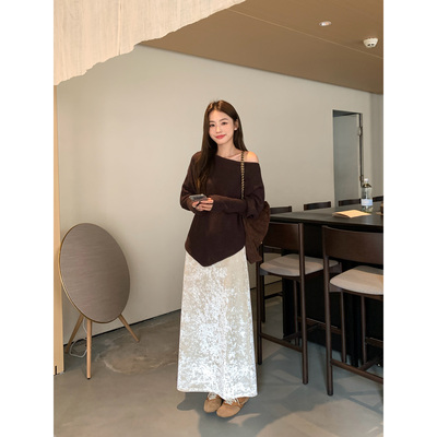 pusumede【现货5折】高级感复古丝绒半身裙女中长款宽松直筒裙