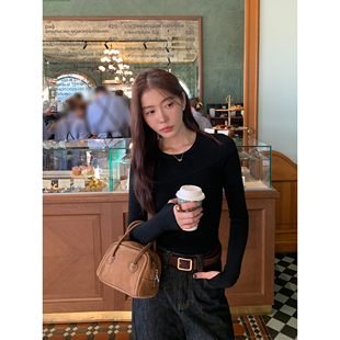 pusumede黑色短款圆领修身针织衫女秋冬百搭内搭打底衫长袖上衣