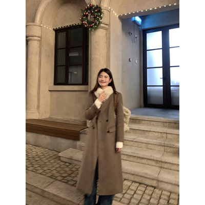 pusumede高级感毛呢外套女秋冬气质收腰过膝中长款羊毛呢子大衣