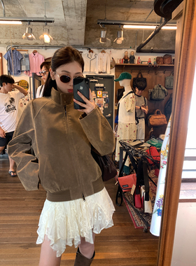 pusumede 【现货7折】巴黎时报 复古咖色翻领PU皮衣外套拉链夹克