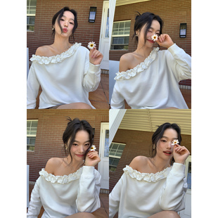 上衣 浪漫荷叶边斜领露肩卫衣女宽松设计感长袖 pusumede 松弛韩女