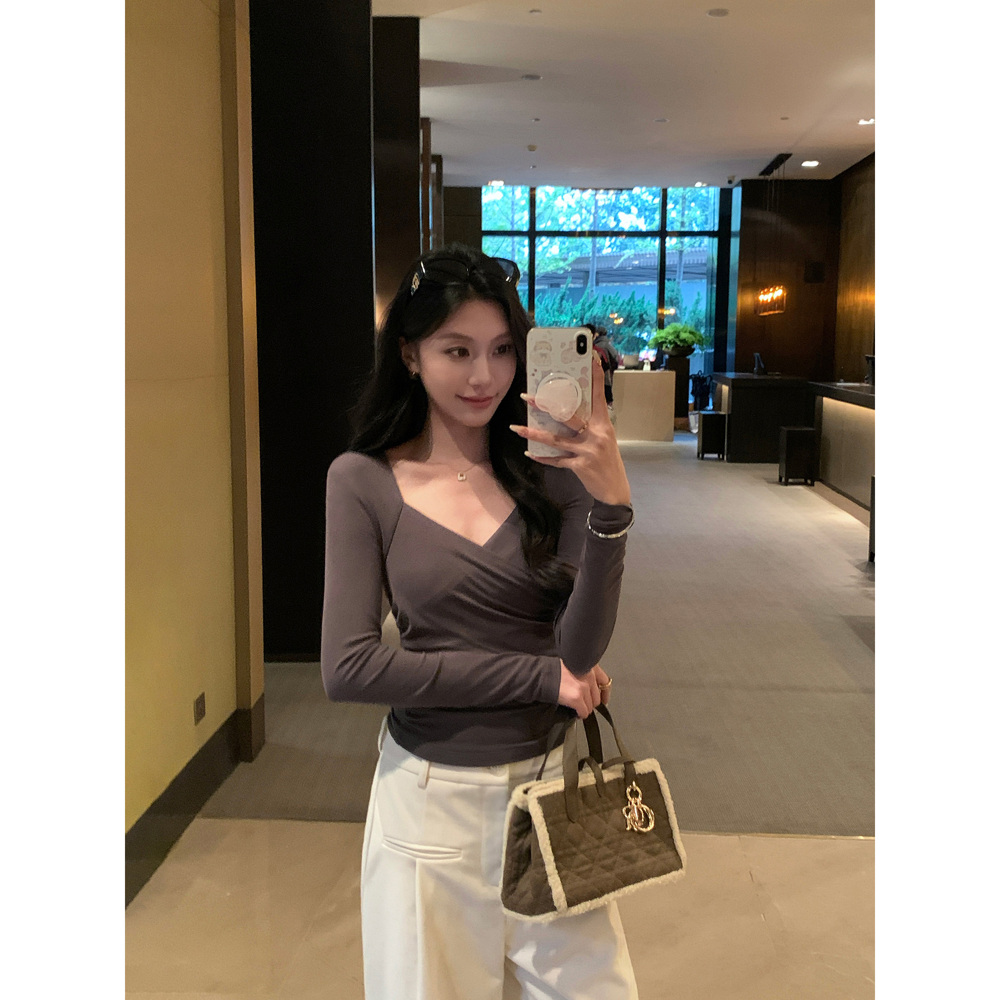 pusumede续以温柔 法式交叉V领针织衫女设计感收腰内搭打底上衣