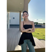 pusumede 吊带上衣 女夏不规则露肩无袖 淡人氛围 黑色褶皱抹胸小衫