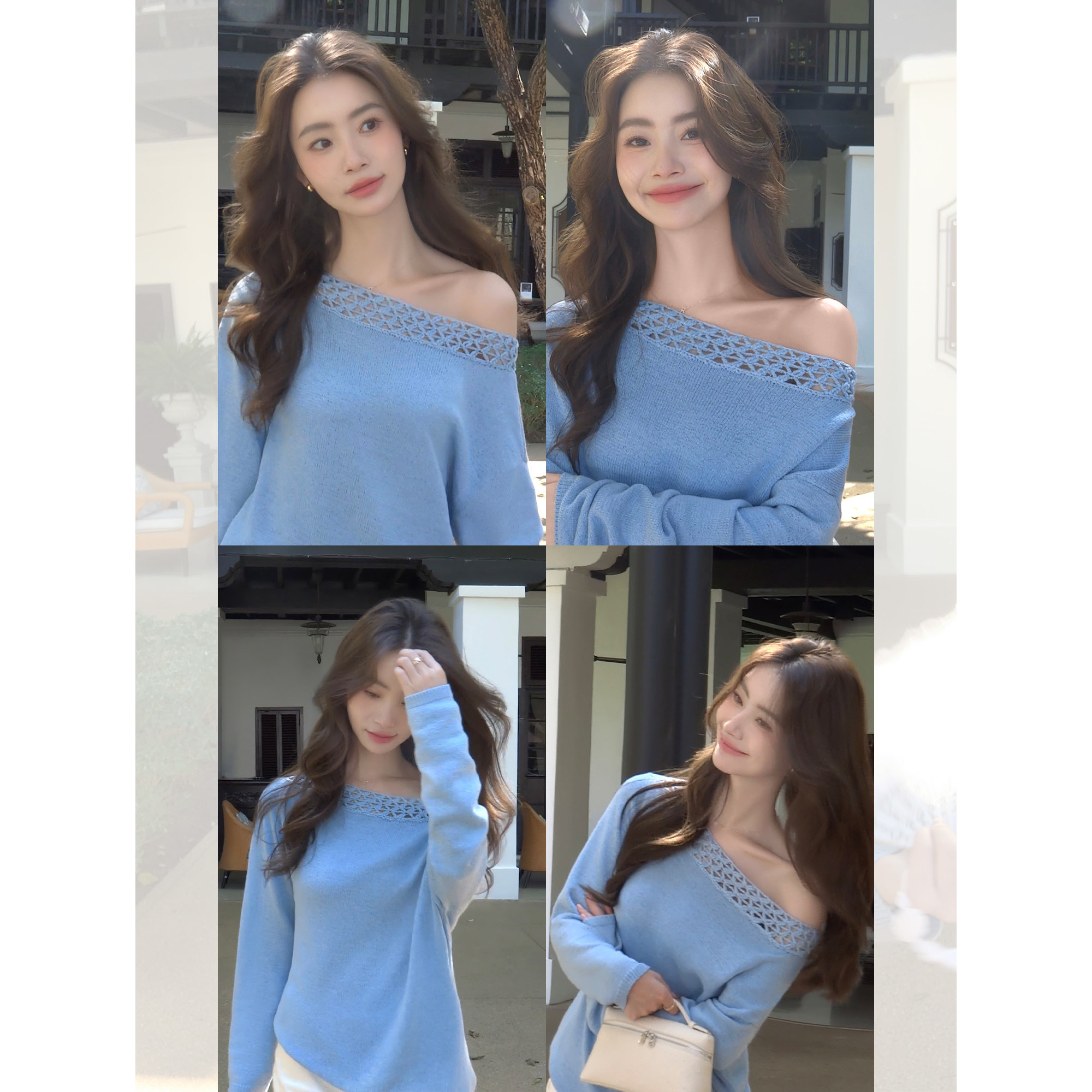 pusumede 法式朦胧 钩花镂空针织衫女设计感宽松慵懒斜肩长袖上衣