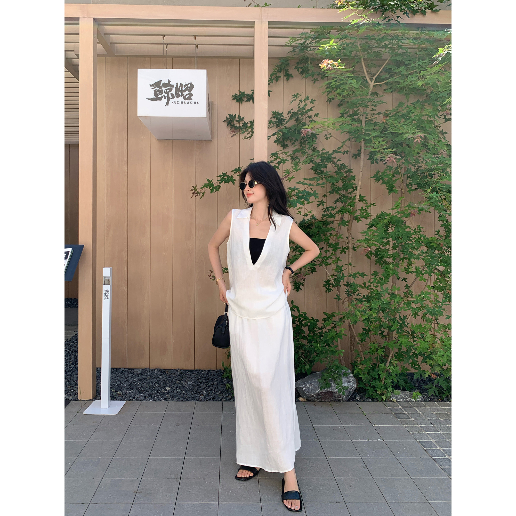 pusumede 莱赛尔亚麻翻领V型背心无袖上衣+抽绳后开叉半身裙套装,女装/女士精品,衬衫,淘宝优惠券,粉丝福利购,淘宝优惠卷