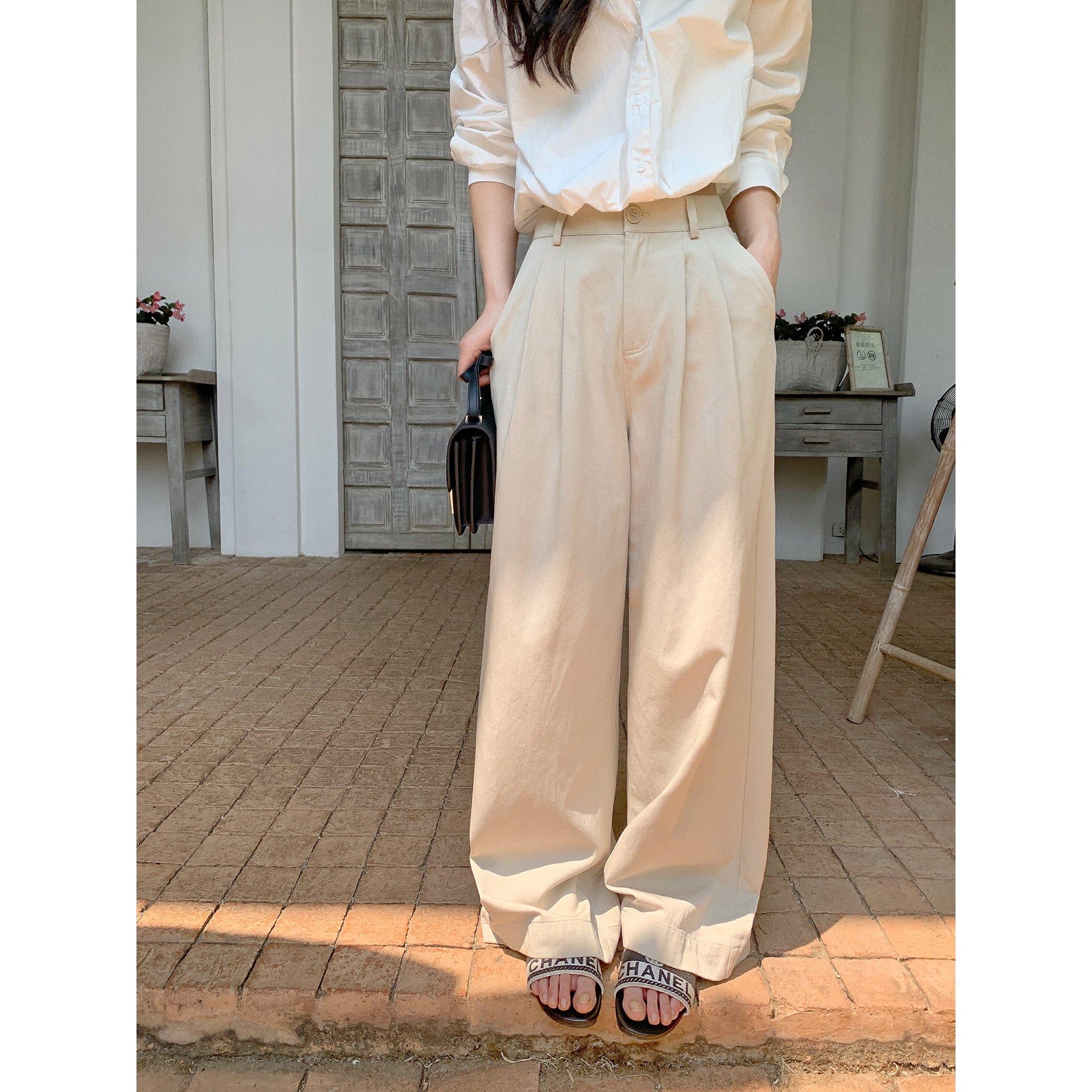 pusumede 定格随性 卡其色莱赛尔棉宽松休闲裤女通勤直筒阔腿长裤