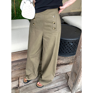 宽松休闲裤 pusumede 女纽扣设计感直筒裤 棕色复古阔腿裤 摩登部落
