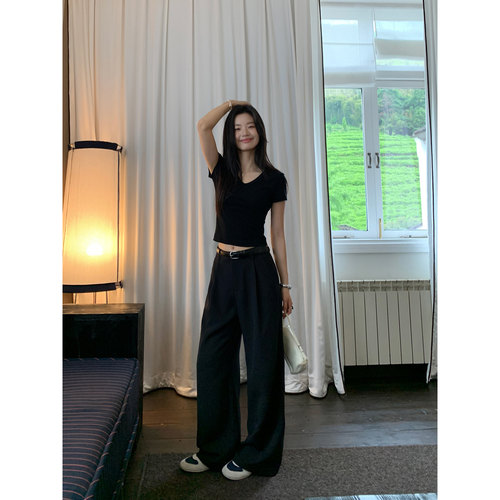 pusumede 简约欧尼 高腰休闲裤西装裤女宽松垂感直筒阔腿裤长裤