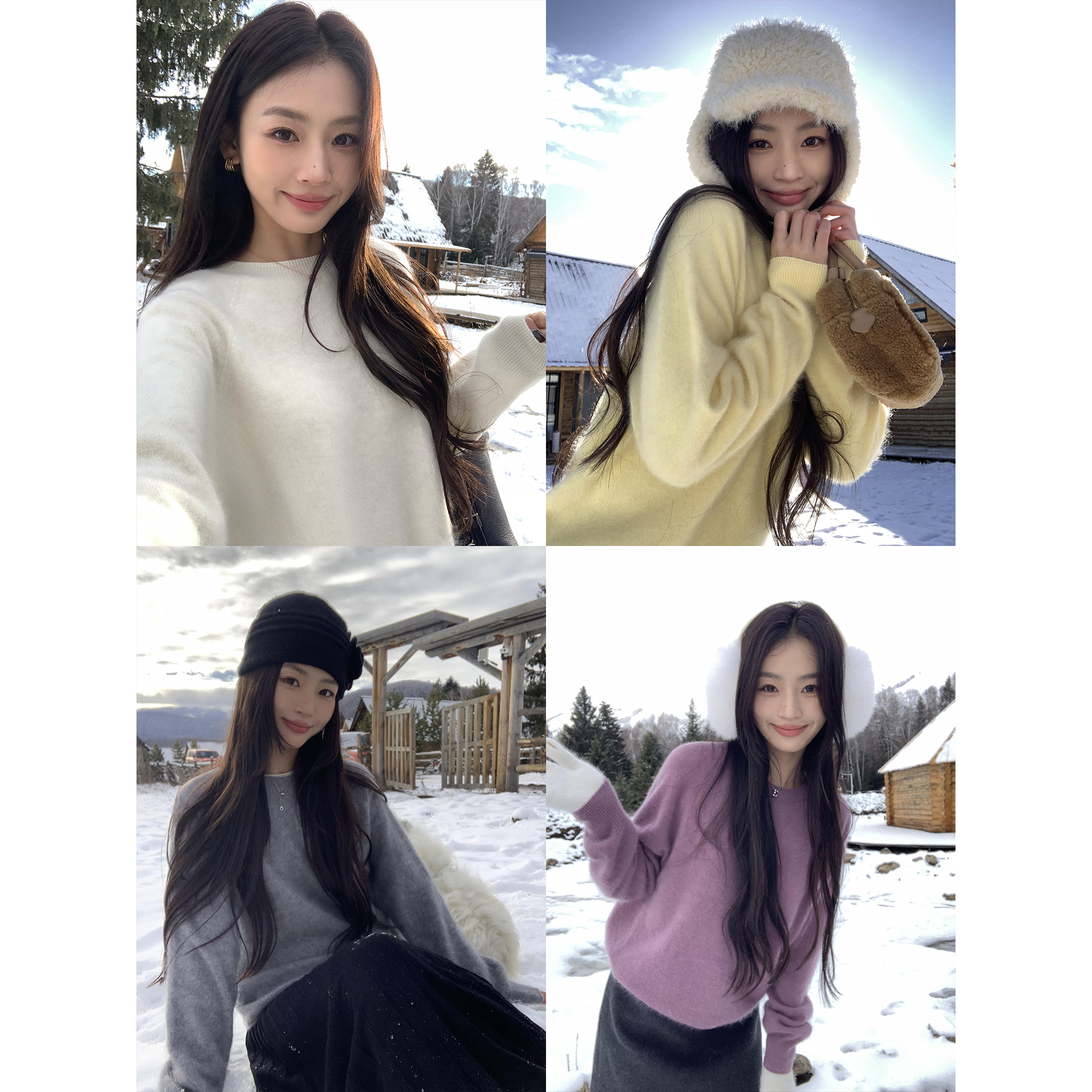 pusumede 罗马假日 绵羊毛套头圆领针织衫女慵懒宽松长袖打底上衣