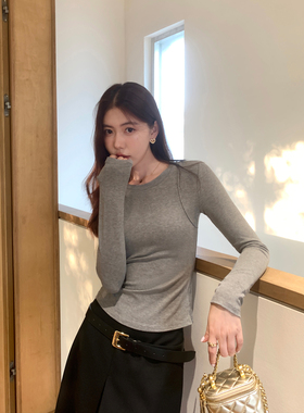 pusumede 微光梦境 灰色圆领长袖针织打底衫女内搭修身气质上衣
