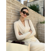 pusumede 上衣 女宽松交叉设计感长袖 结构美学 极简V领套头针织衫