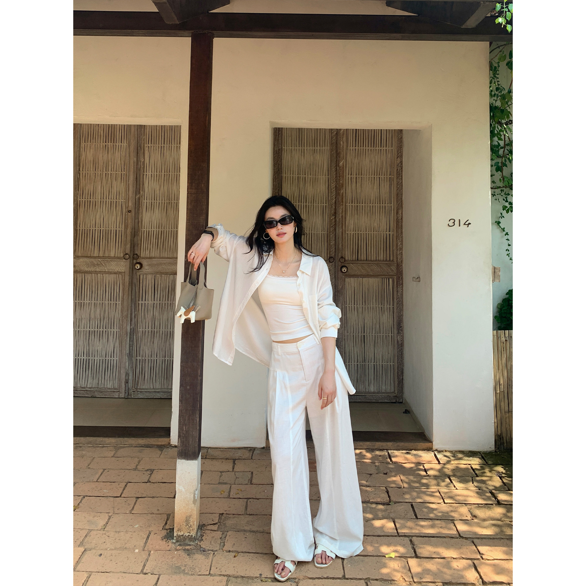pusumede 轻氧套装 莱赛尔亚麻长袖衬衫女宽松慵懒防晒衬衣休闲裤