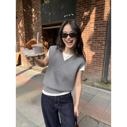 pusumede 洋气v领针织马甲背心女新款百搭无袖坎肩叠穿马夹上衣
