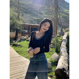 长袖 pusumede 女设计感修身 撞色针织衫 内搭打底上衣 现货5.5折