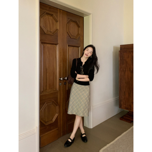 pusumede 复古格纹半身裙女学院风气质显瘦a字中长裙子 文艺帧间