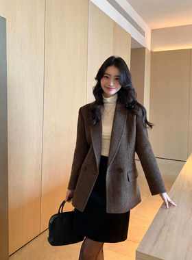 pusumede 摩登个性 气质羊毛人字纹西装外套女冬宽松通勤毛呢大衣