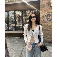 pusumede 黑色v领短款小开衫女夏季防晒罩衫薄款修身上衣长袖外套