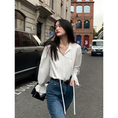 喇叭袖 pusumede 女气质高级感别致小衫 v领白色衬衫 系带上衣 法式