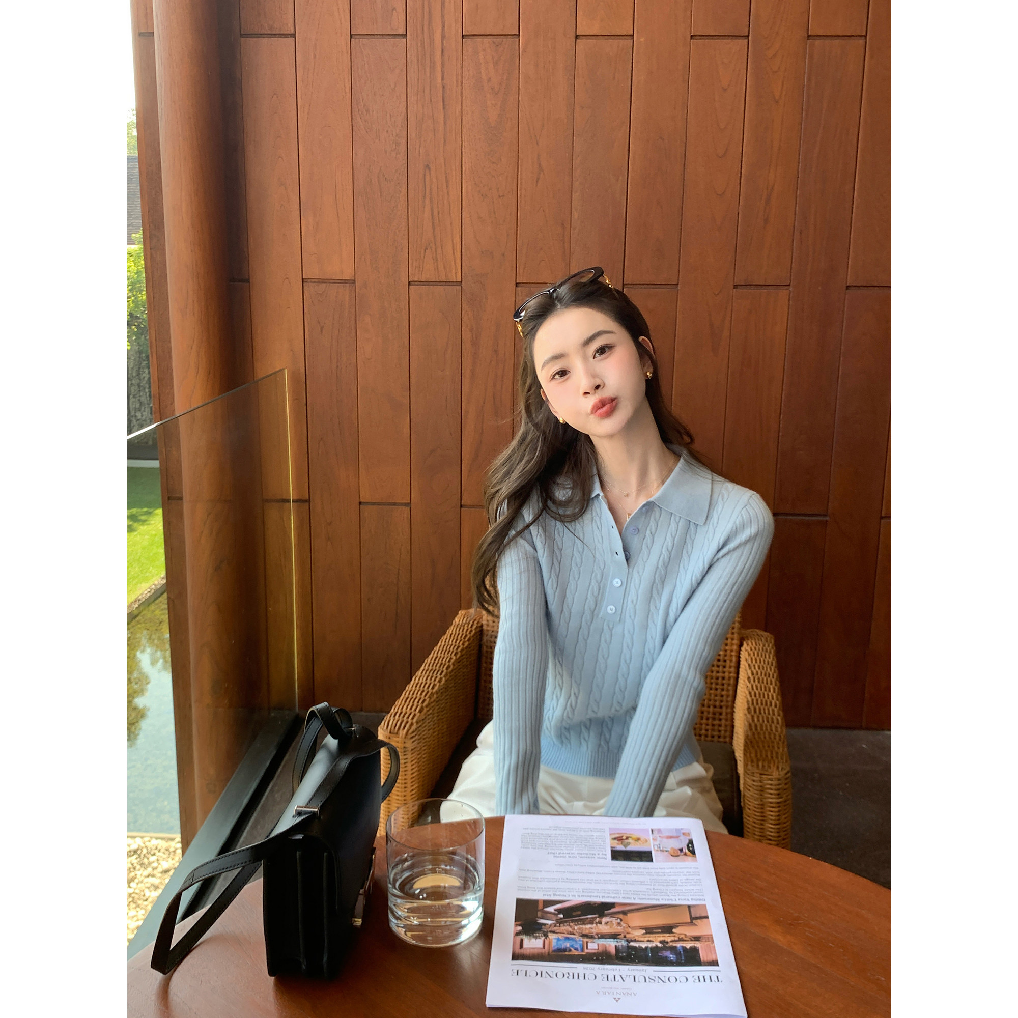 pusumede 巴黎织语 复古麻花polo领针织衫女休闲气质1OO羊毛上衣