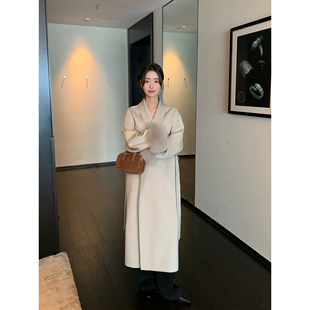 pusumede可拆卸狐狸毛高级感毛呢外套女气质双面呢长款 绵羊毛大衣