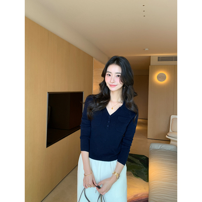 时尚老钱羊毛V领长袖针织衫上衣