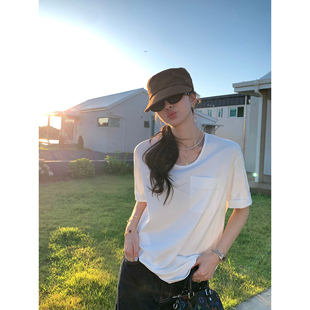 pusumede T恤女宽松口袋设计纯棉简约上衣 慵懒松弛 白色圆领短袖