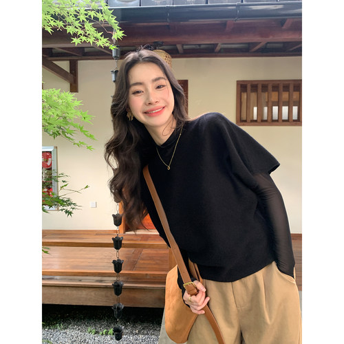 pusumede1OO羊毛蝙蝠袖针织衫T恤女叠穿网纱打底衫两件套上衣