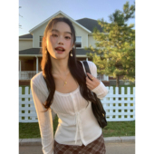 女休闲别致弹力修身 pusumede 上衣 韩系u领长袖 针织开衫 元 气质感