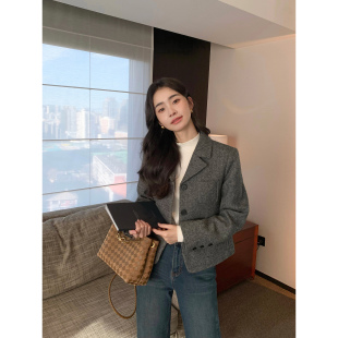 气质羊毛呢子上衣 夹棉小西装 pusumede复古短款 毛呢外套女秋冬新款