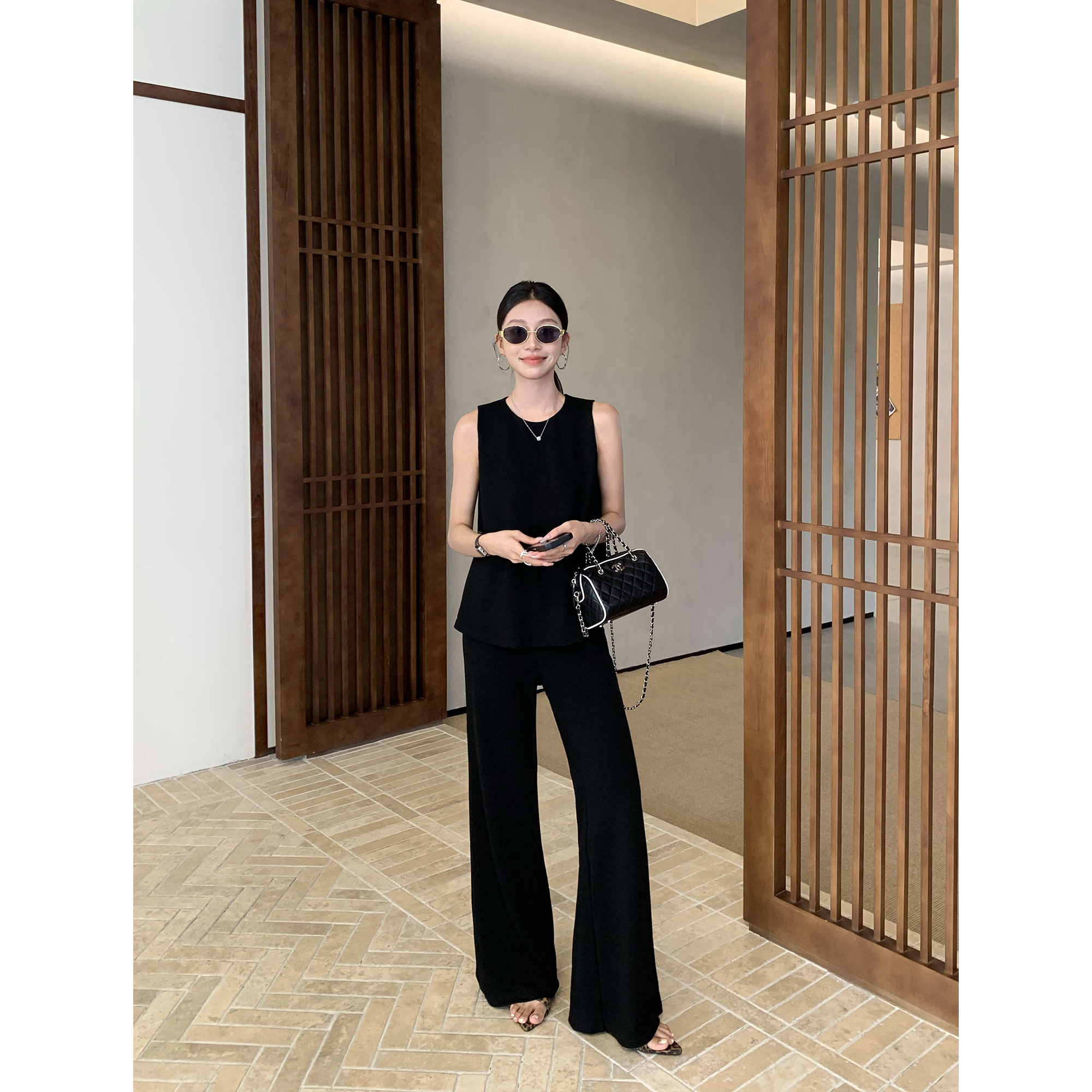 pusumede 高智姐感 黑色圆领廓形背心无袖上衣女微喇休闲长裤套装