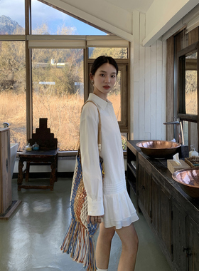 pusumede 波特小姐 法式白色连衣裙女气质宽松荷叶边长袖衬衫裙