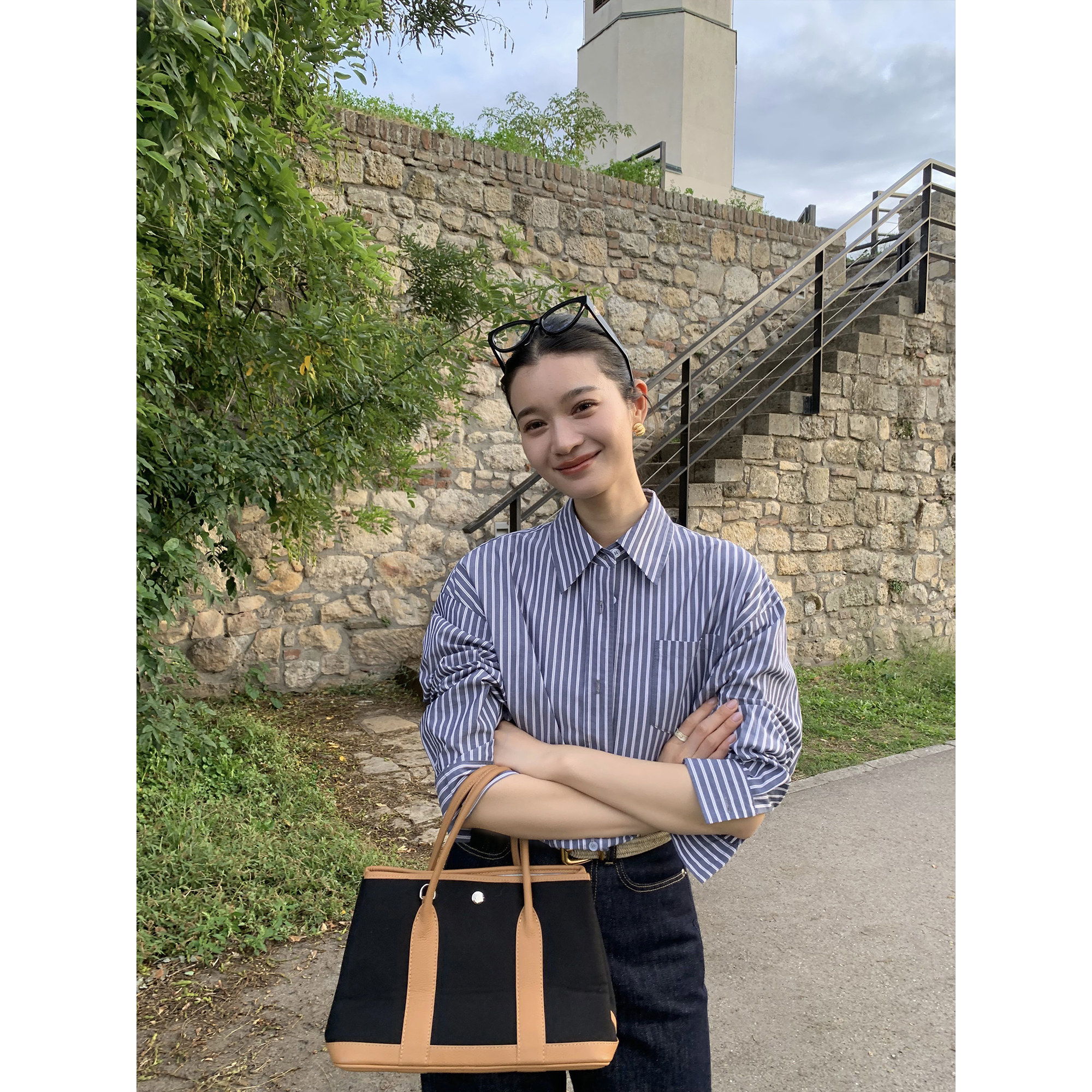 pusumede 腔调理念 通勤条纹衬衫女宽松休闲男友风气质长袖上衣