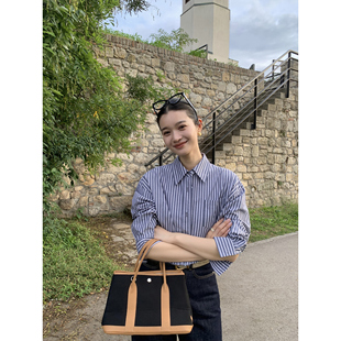 pusumede 腔调理念 通勤条纹衬衫女宽松休闲男友风气质长袖上衣