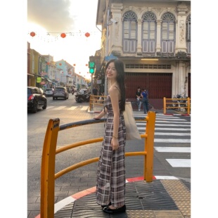 吊带裙复古格子连衣裙无袖 小格调 雪纺裙子 现货7折 pusumede