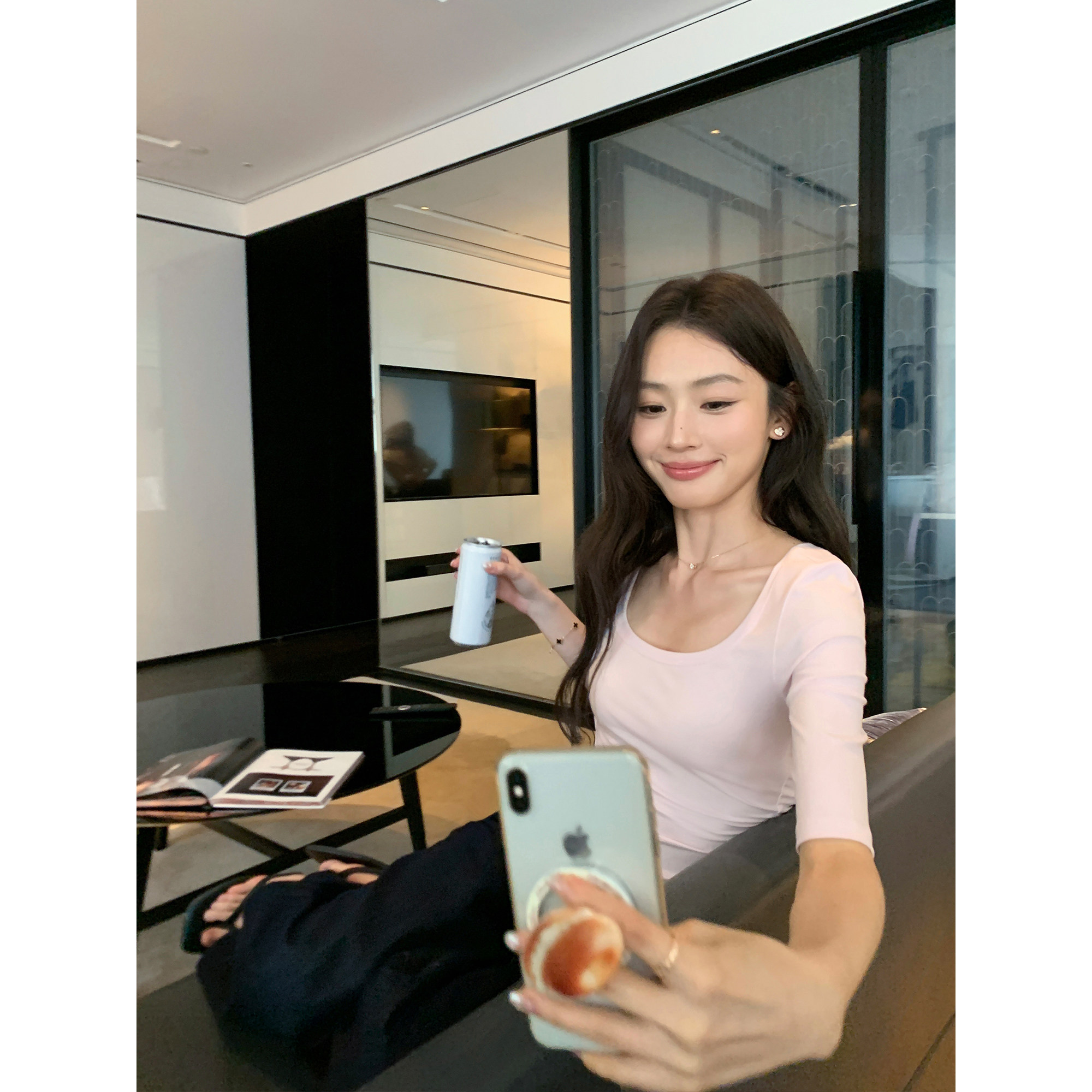 pusumede 格调简约 莱赛尔U领中袖T恤女气质修身正肩五分袖上衣