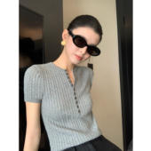 pusumede麻花系列 圆领上衣 t恤女复古修身 半开领亨利针织衫 短袖