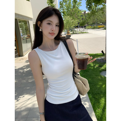 pusumede 高频搭配 白色一字领吊带背心女夏外穿修身针织无袖上衣