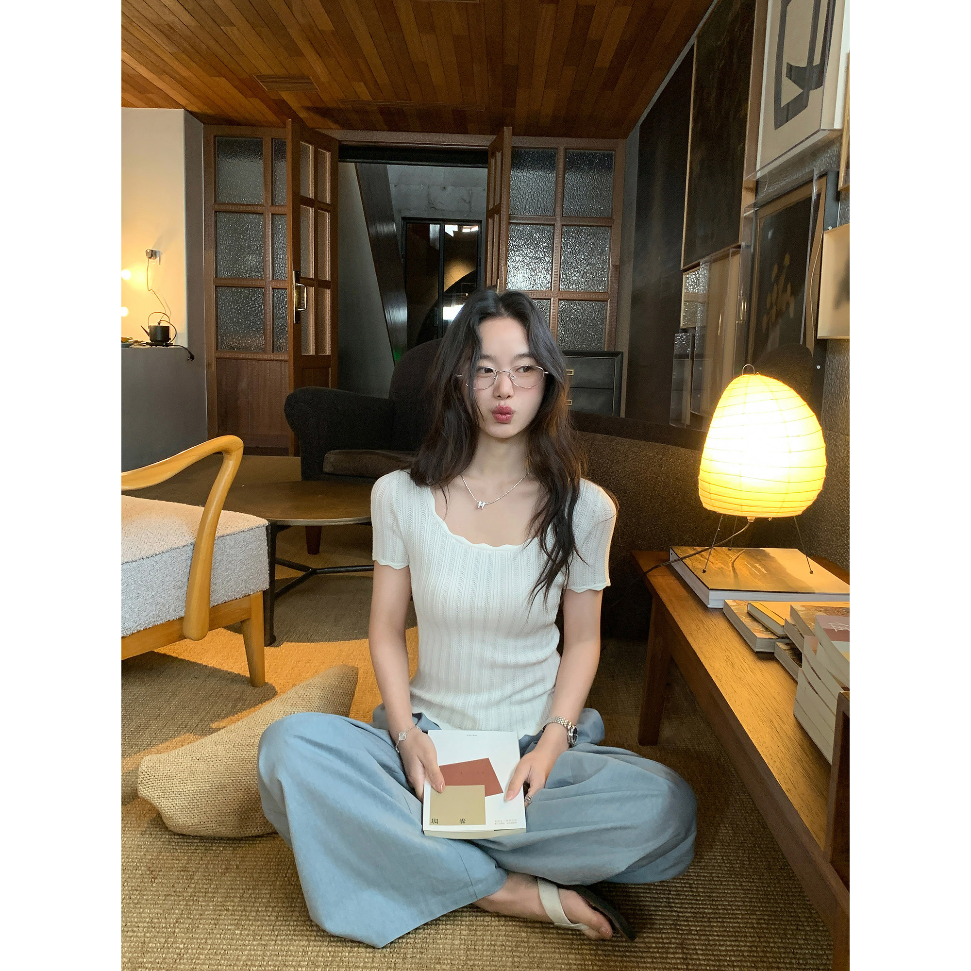 pusumede洁白花语 波浪花边短袖针织衫t恤女气质修身短款别致上衣