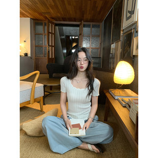 短款 pusumede洁白花语 t恤女气质修身 针织衫 别致上衣 波浪花边短袖