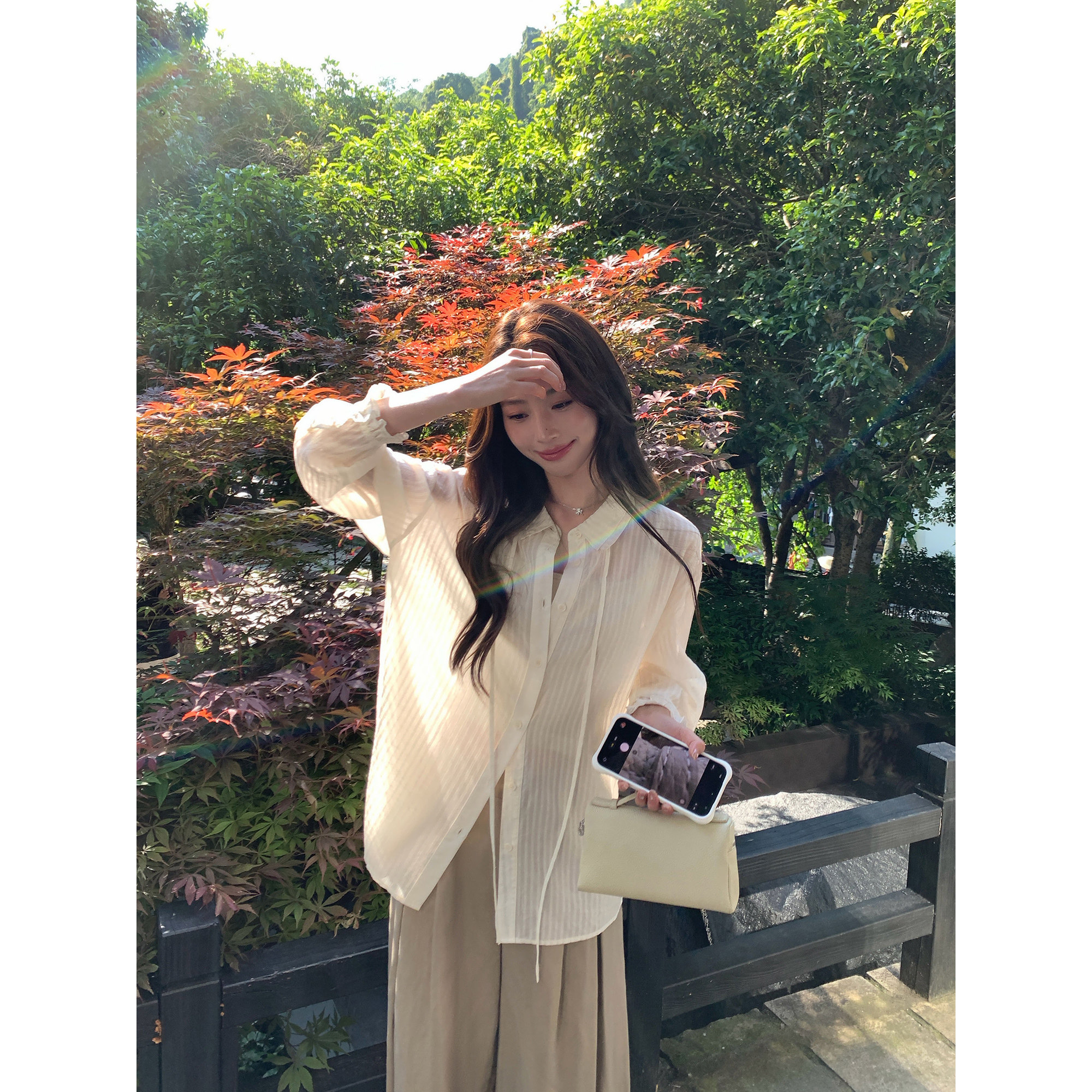 pusumede 拾贝假日 双层翻领条纹衬衫女莱赛尔宽松木耳边长袖衬衣