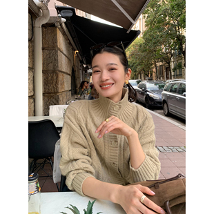 女秋冬新款 pusumede高领麻花毛衣开衫 宽松慵懒高级感复古外套上衣