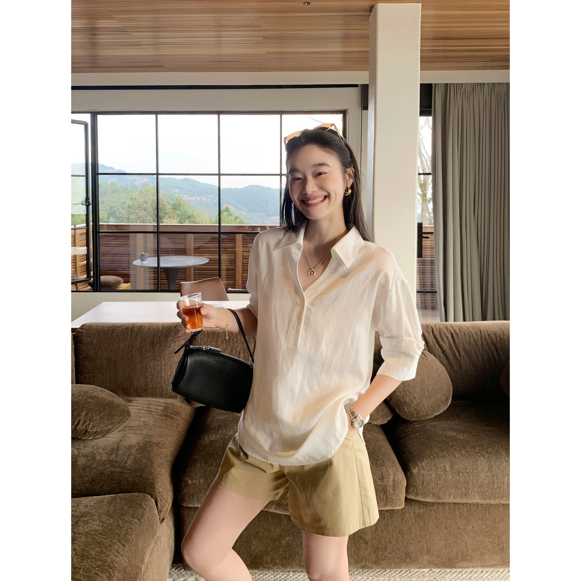 pusumede 轻氧简约 宽松莱赛尔亚麻v领中袖衬衫女松弛感通勤上衣