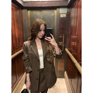 外套女气质毛呢半身裙套装 棕色人字纹羊毛西装 复古摩登 pusumede