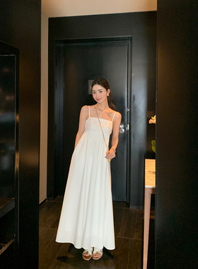 pusumede 【现货7折】手工钉珠 高级感吊带连衣裙女白色无袖长裙