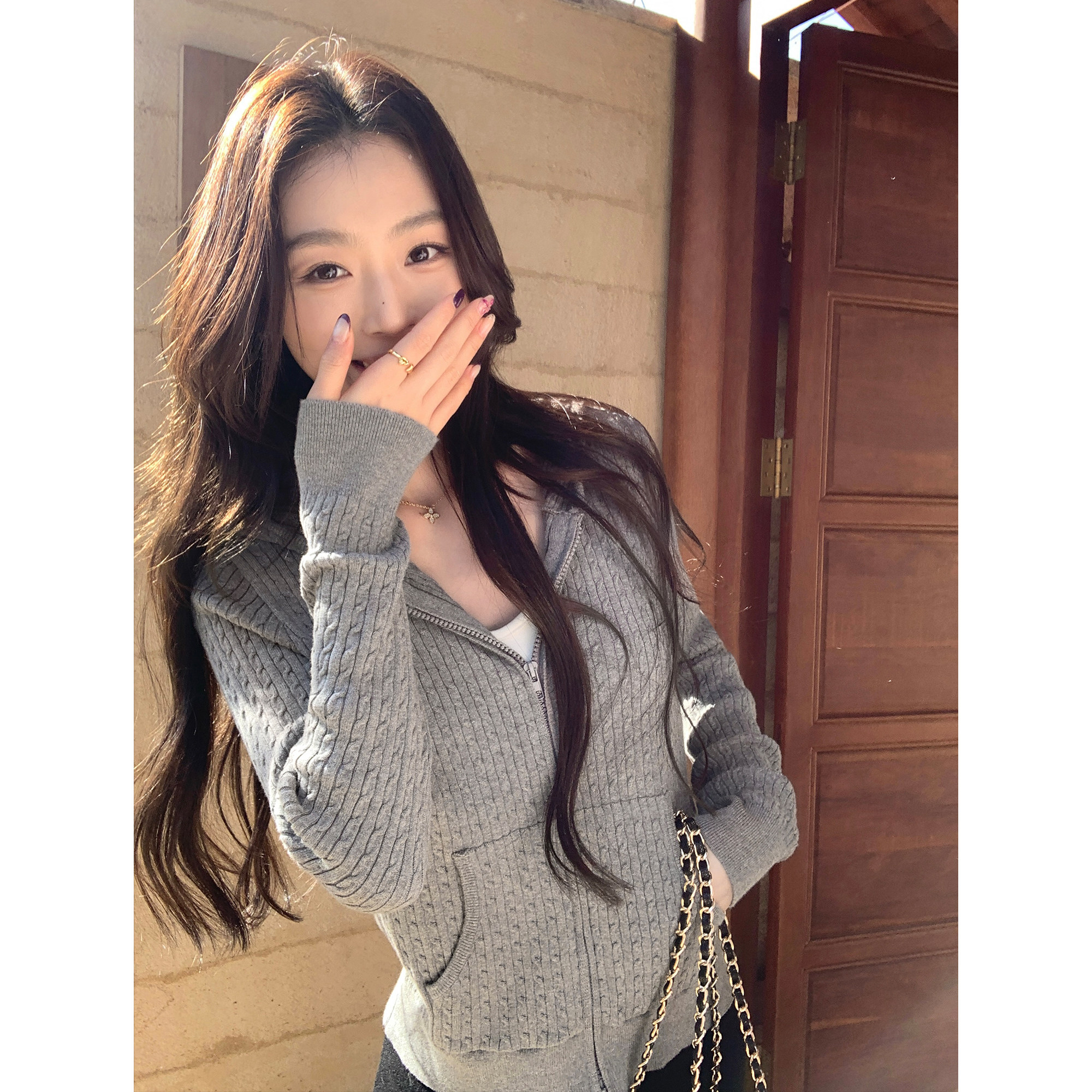 pusumede 实穿显比例 休闲连帽麻花毛衣开衫女设计感修身针织外套