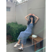 荷叶边碎花连衣裙女无袖 pusumede 浪漫莫兰迪 雪纺吊带裙气质长裙