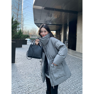 pusumede【现货6.5折】黑色翻领羽绒服女白鸭绒小众收腰工装外套