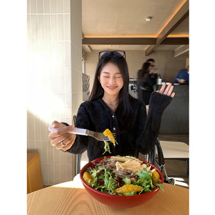 仿貂毛外套上衣 女秋冬高级感气质针织衫 pusumede 黑色V领毛衣开衫